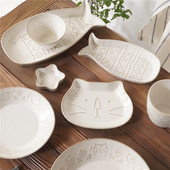 质朴白均釉卡通猫咪餐具 树下盒 日式 呆萌小猫小鱼菜盘鱼盘饭碗杯