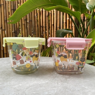 日式狂欢猫咪可微波炉加热玻璃饭盒带刻度保鲜碗学生便当盒