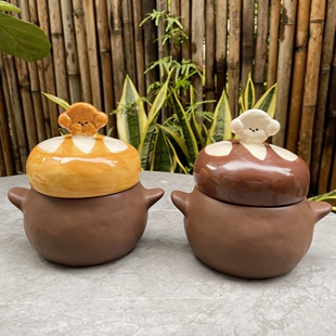 树下盒 日式可爱小狗陶瓷炖盅釉下彩复古带盖双耳小碗炖罐小汤盅