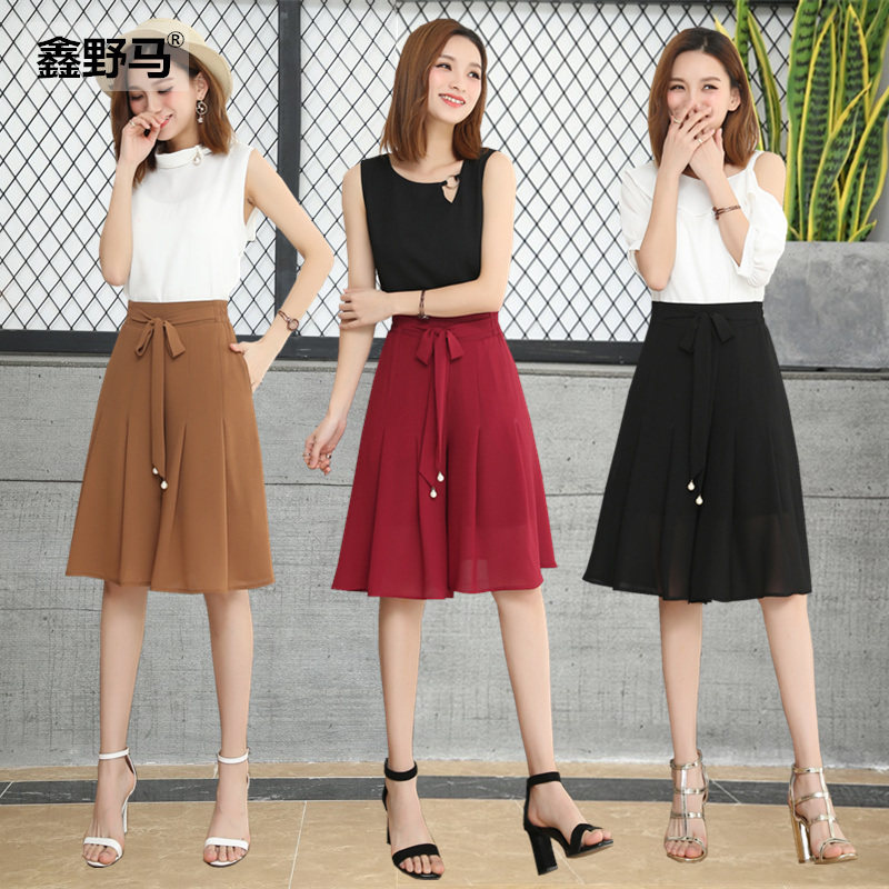 雪纺阔腿裤裙女夏季2020新款显瘦高腰宽松坠感五分裙裤薄款中裤子