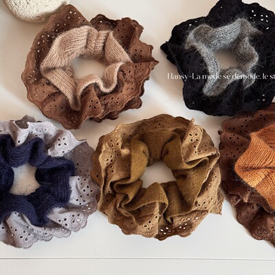 秋冬毛线收腰大肠发圈大号蕾丝花边高级感头绳慵懒风双层发绳头饰