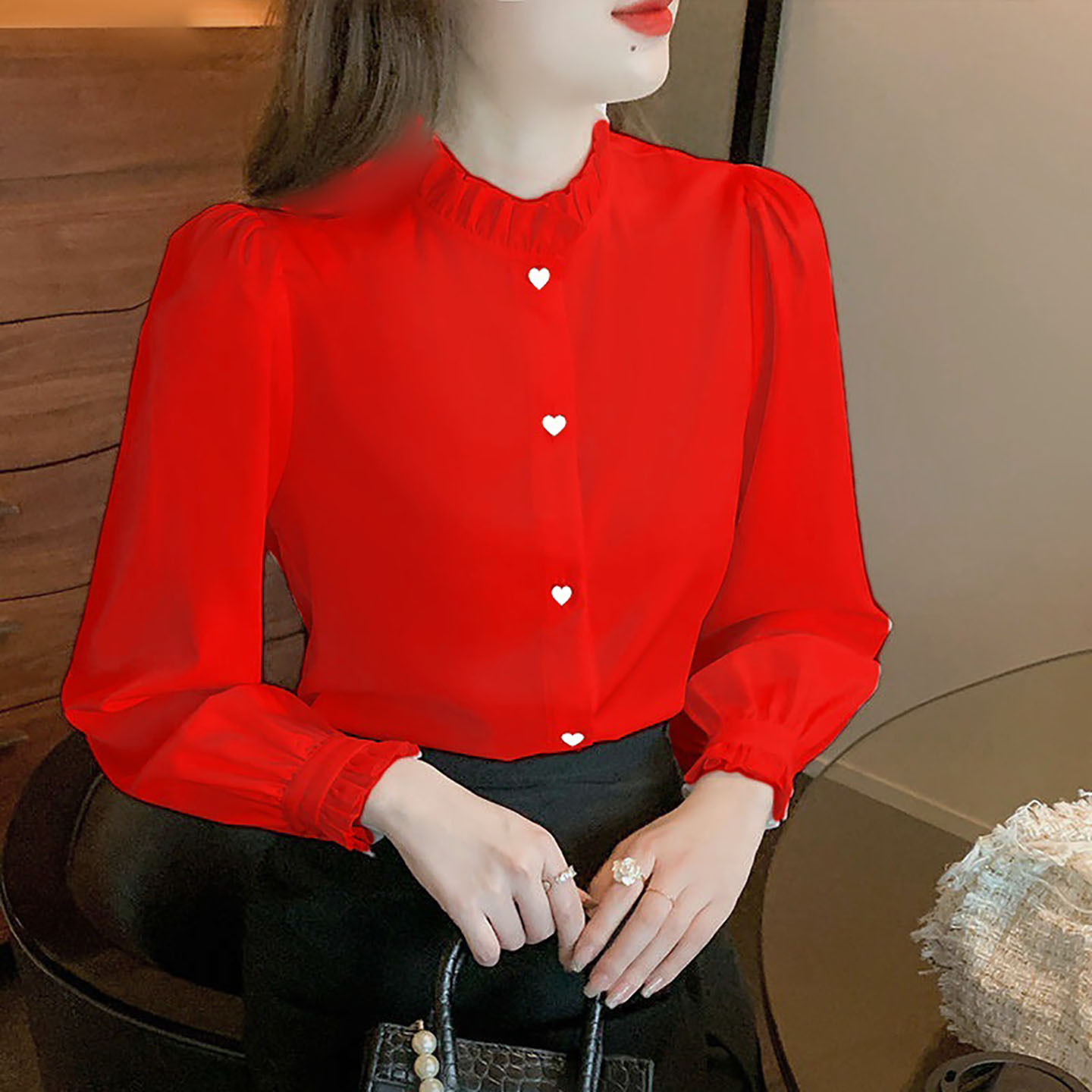 衬衫女款2026新款红色立领木耳边图片
