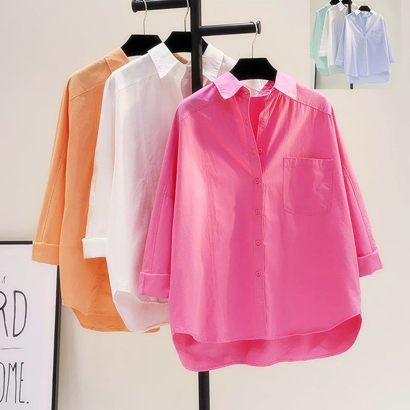 纯棉衬衫女款2026新款通勤风长袖宽松大码上衣宽松显瘦糖果色衬衣