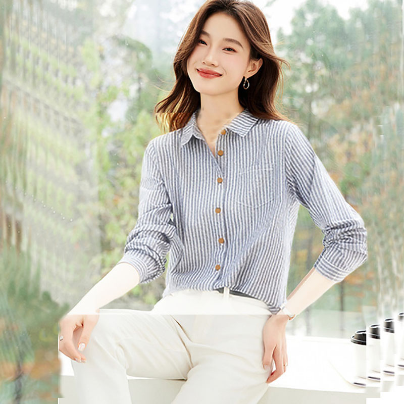 2025年夏季新款条纹纯棉衬衫女长袖上衣时尚洋气减龄宽松显瘦衬衣