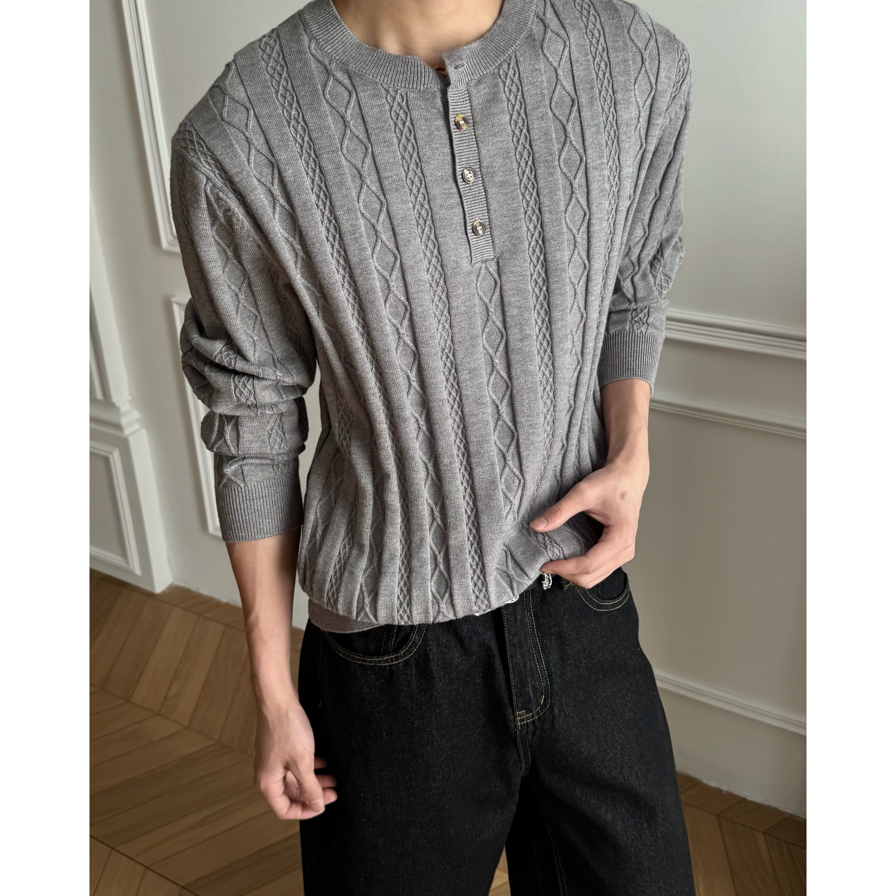 LACANEDE 复古老钱亨利领针织毛衣 绞花设计修身秋款长袖,男装,针织衫/毛衣,淘宝优惠券,粉丝福利购,淘宝优惠卷