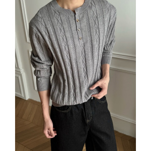 长袖 LACANEDE 秋款 绞花设计修身 复古老钱亨利领针织毛衣