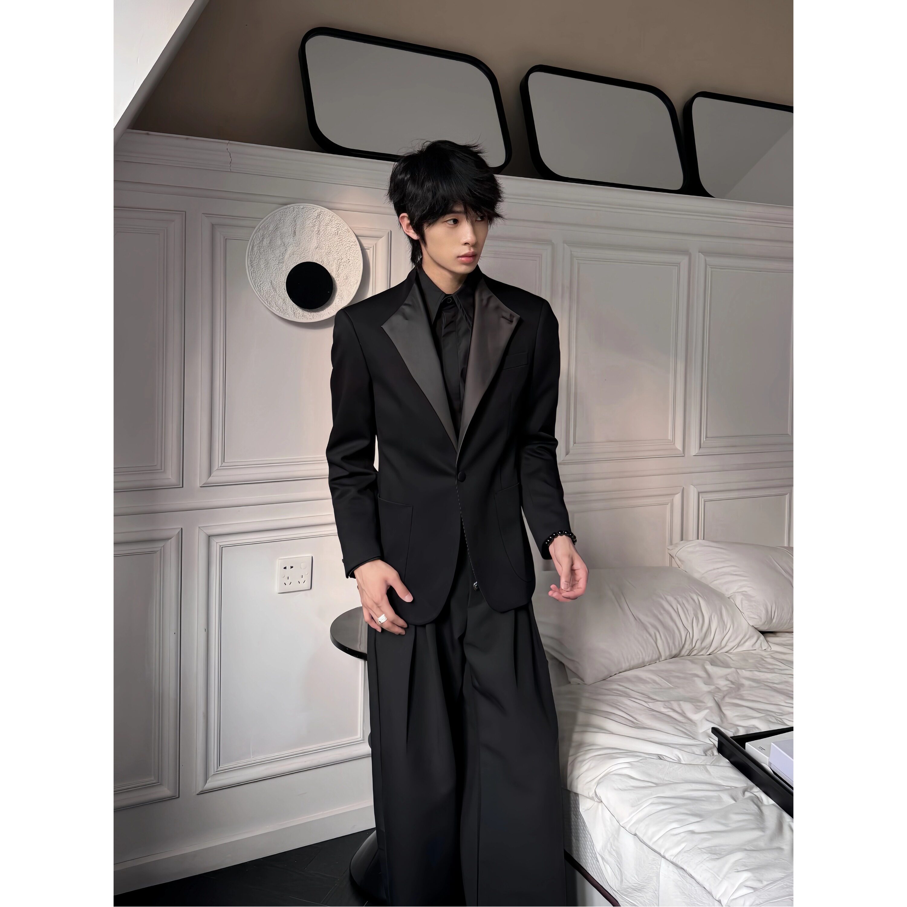 LECANEDE 高级感拼接皮领西装 男韩版垫肩老钱风痞帅西服休闲外套,男装,休闲西服,淘宝优惠券,粉丝福利购,淘宝优惠卷