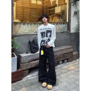 男老钱风宽松微喇休闲裤 LECANEDE 暗红明线设计感弯刀原牛牛仔裤