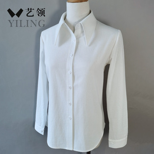 复古水洗肌理压纹纯棉通勤白领职场OL内搭外穿长袖 衣 大尖领女衬衫