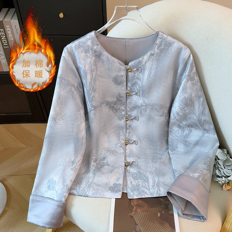 实拍新中式民族风唐装加棉重工刺绣提花织锦复古长袖拼接棉服外套