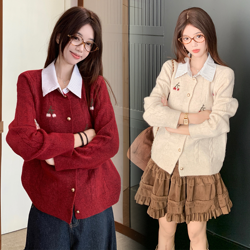 实拍~2025秋冬大码假两件衬衫领毛衣外套套装学院风软糯针织开衫