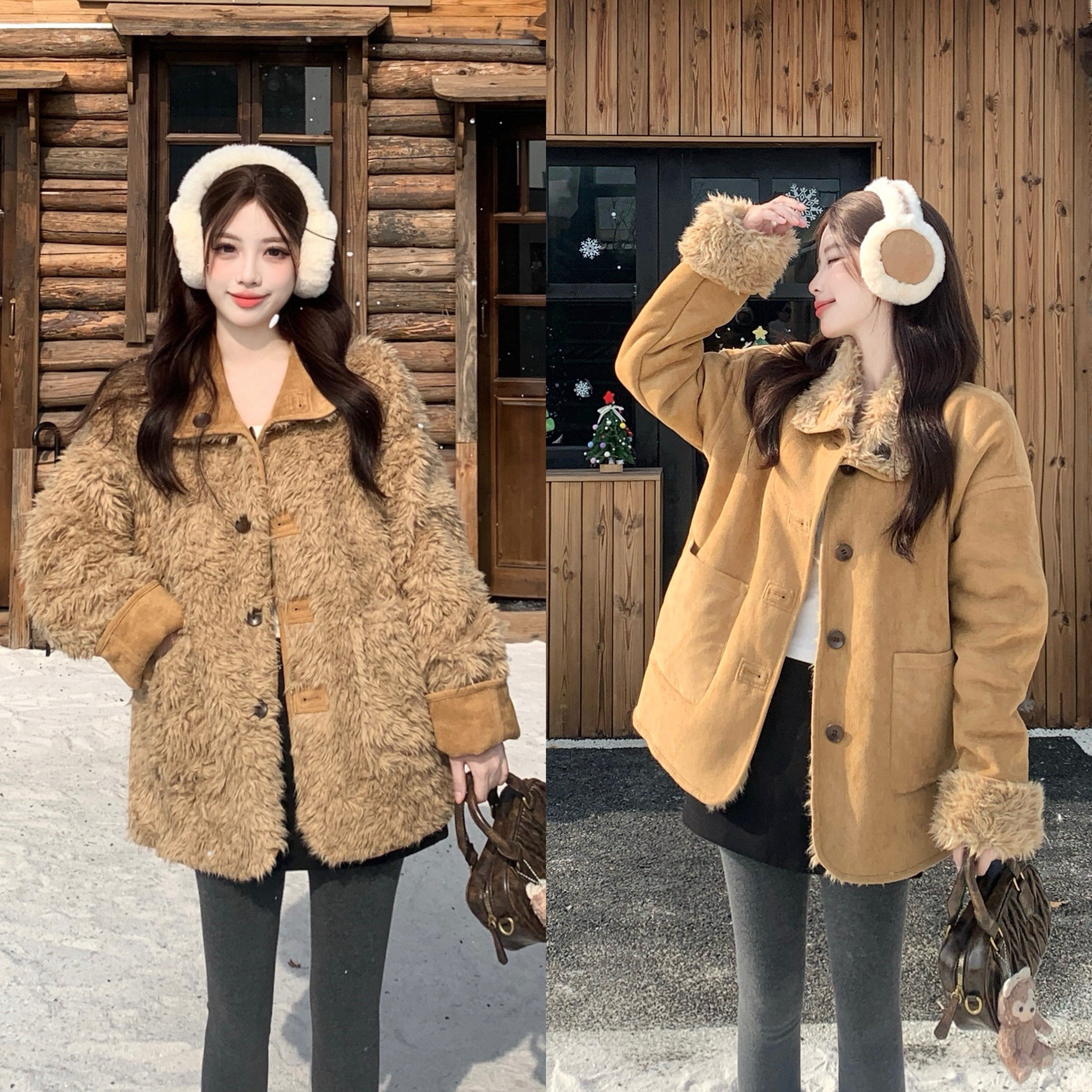 大码2025冬两面可穿韩系复古氛围感厚实外套女加厚保暖毛绒上衣