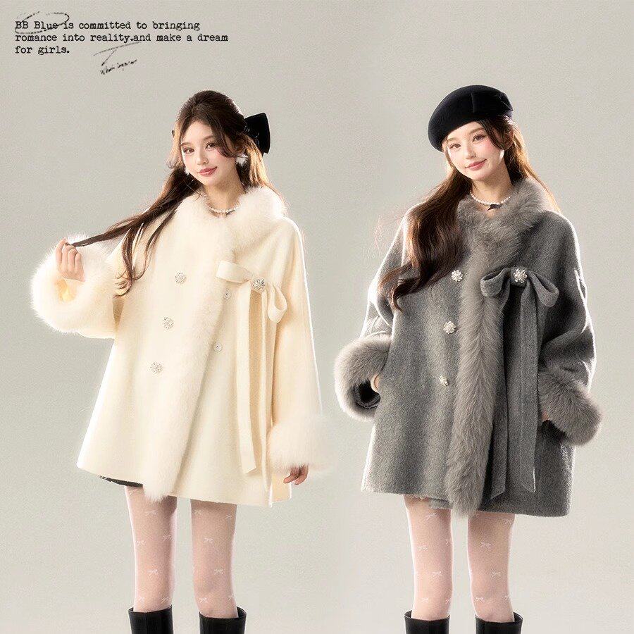 BB BLUE 原创设计 雪国千金真狐狸毛羊毛 白色灰色毛呢短款外套