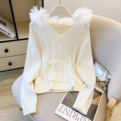 实拍 带毛领 甜美麻花针织连帽针织衫毛衣外套女小个子上衣chic