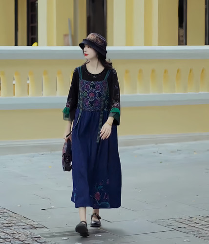 【牧笛】重工刺绣楚馨吊带裙背心裙四季民族风宽松牛仔棉麻连衣裙