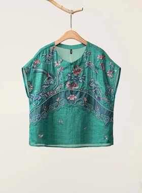 绿色苎麻小衫原创设计国风民族风刺绣气质圆领斜襟百搭T恤衬衫