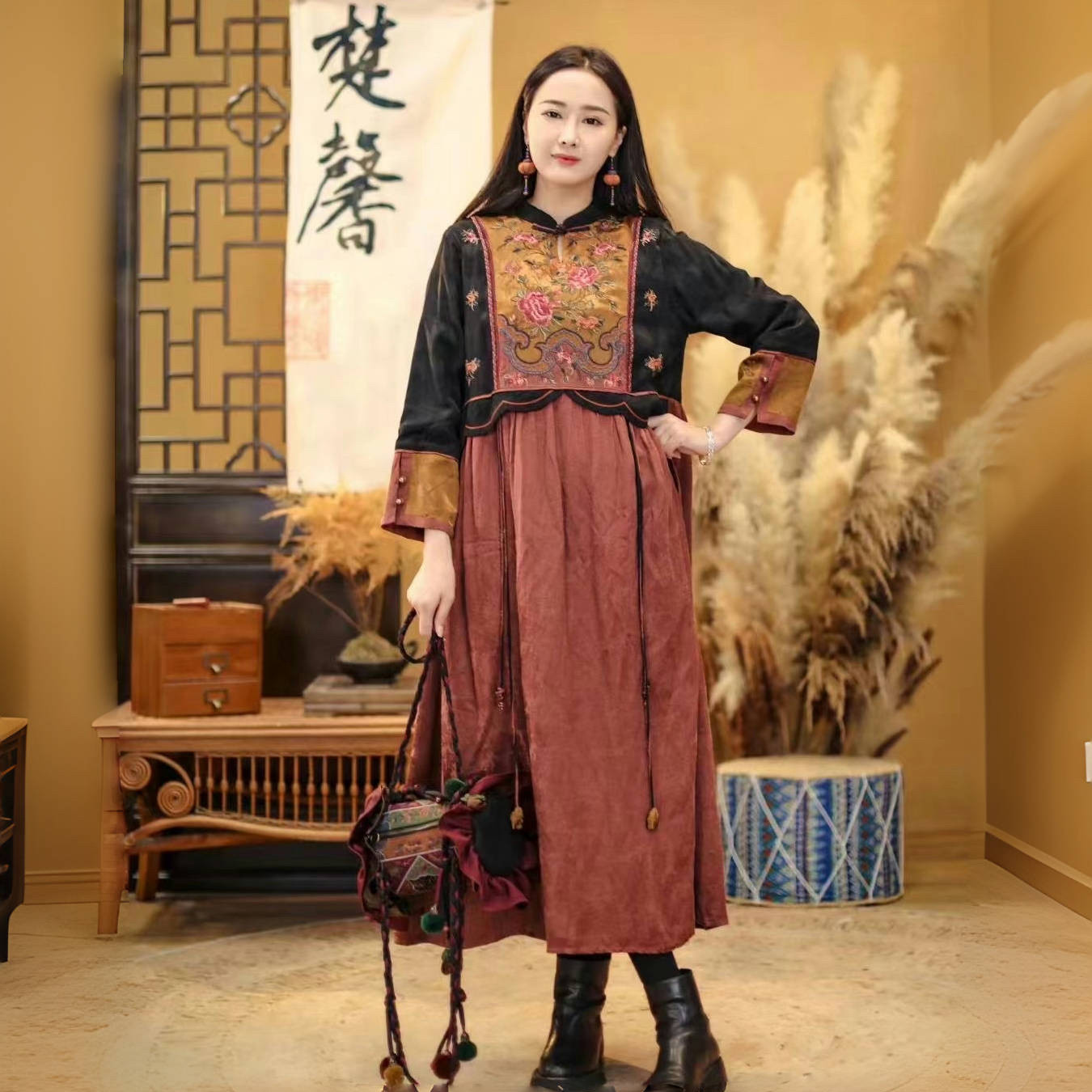 春秋连衣裙国风民族盘扣文艺复古重工新款刺绣连衣裙提花宽松长裙,女装/女士精品,上衣,淘宝优惠券,粉丝福利购,淘宝优惠卷