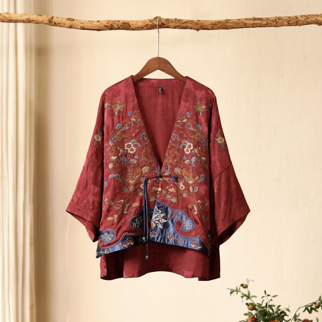 千椿物喜新中式国风民族风重工满刺绣红色落肩披肩外套开衫上衣女