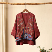 千椿物喜新中式 上衣女 国风民族风重工满刺绣红色落肩披肩外套开衫
