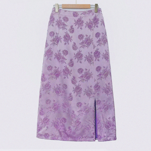 千椿物喜春夏提花开衩半身裙紫色气质一步裙女长款包臀裙新款通勤