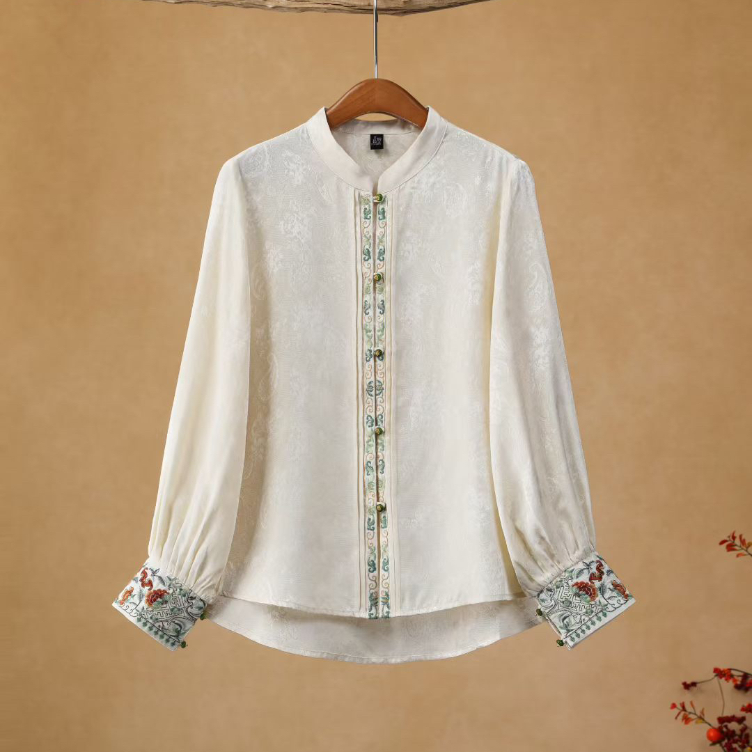 楚馨2025新款衬衫新中式国风刺绣百搭浅色长袖修身T恤打底衫上衣
