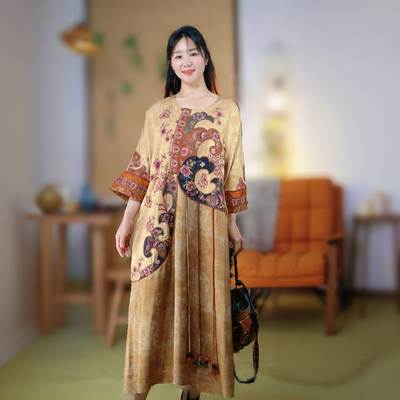 千椿物喜新中式重工刺绣连衣裙女春秋民族风提花宽松长裙气质显瘦