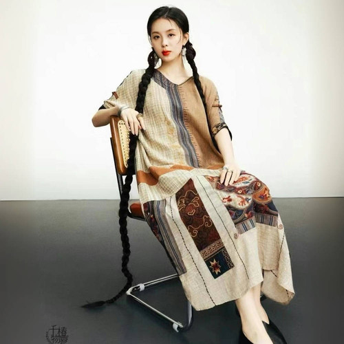 楚馨特优美原创国风亚麻文艺民族风刺绣拼接短袖连衣裙宽松袍女