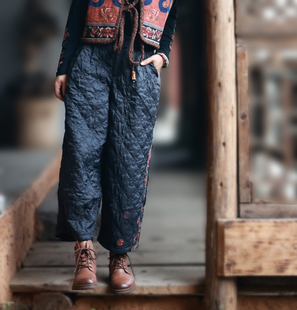 千椿物喜原创设计师高定刺绣阔腿裤女冬季夹棉棉裤黑色百搭靴裤