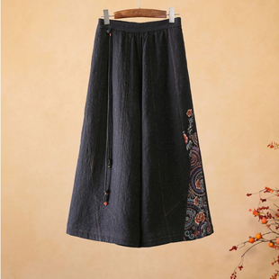 千椿物喜冬季新中式国风复古长袖松紧高腰百搭黑色棉裤阔腿裤长裤