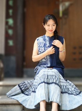 非遗蜡染工艺原创设计女士无袖长裙四季款新中式复古民族风潮搭