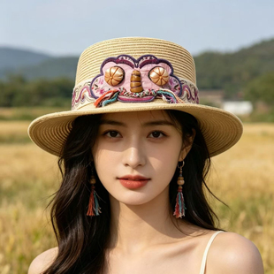 民族风刺绣花帽子女夏天小清新平顶百搭沙滩遮阳帽防晒麦杆色
