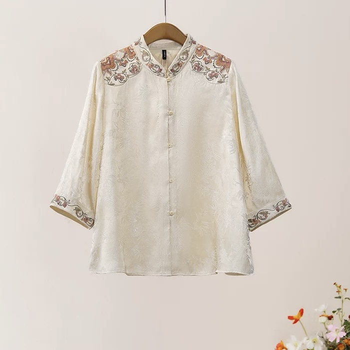 楚馨原创中式国风重工刺绣人丝七分袖上衣女2025春夏款