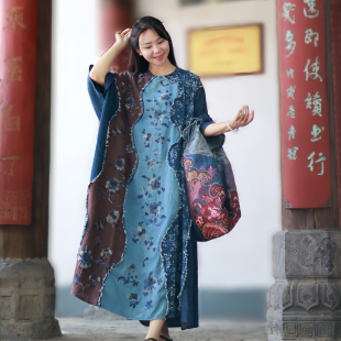 设计师原创刺绣文艺复古民族风亚麻棉拼接五分袖 连衣裙袍子秋 大版