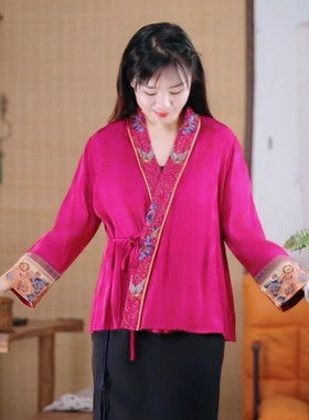 千椿物喜新中式刺绣上衣女复古文艺系带衬衫国风民族风设计感罩衫