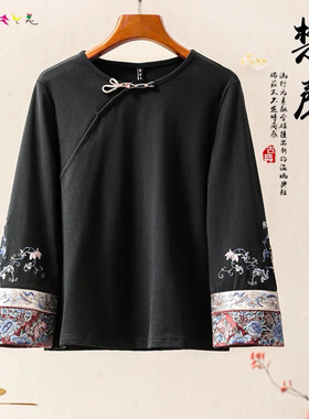 楚馨秋冬新款复古文艺新中式国风女装圆领刺绣黑色百搭打底衫