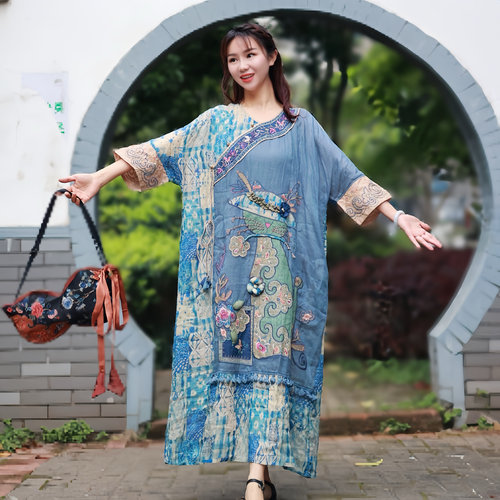 楚馨千椿物喜原创民族风新中式国风复古文艺刺绣连衣裙袍子袍服