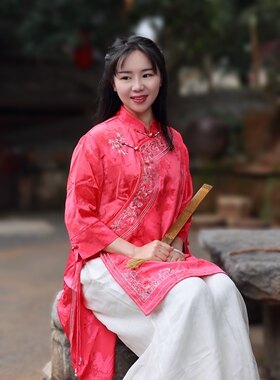 【远山辞】楚馨新款春装设计复古民族风刺绣新中式国风衬衣长款女