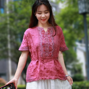 千椿物喜原创短袖苎麻上衣女2025春夏女装国风宽松遮肚子碎花衬衫