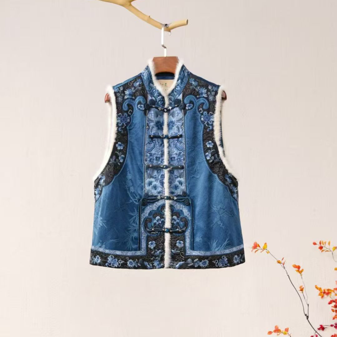 新中式国风复古刺绣圆领对襟夹棉背心马甲气质文艺冬季保暖外套女