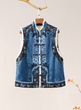 新中式国风复古刺绣圆领对襟夹棉背心马甲气质文艺冬季保暖外套女