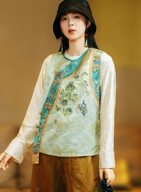秋季新款国风新中式马夹重工刺绣气质圆领斜襟盘扣绿色马甲上衣女