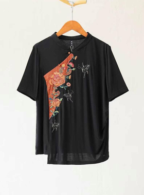 原创国风新中式圆领斜襟盘扣上衣女纯棉高弹T恤宽松大码打底黑色T