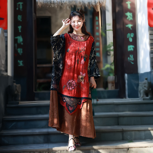 楚馨原创秋冬新款重工刺绣丝质提花宽松袍子女复古国风连衣裙长