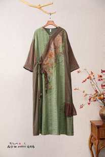 中式 绣花长袖 楚馨2024刺绣文艺民族风秋装 连衣裙袍子 行舟绿水