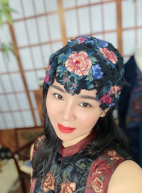 【繁花】刺绣楚馨设计师原创款民族风棉麻绣花毛线帽头帽女帽秋冬