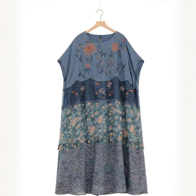 千椿物喜原创高定款刺绣蜡染拼接文艺民族风提花短袖连衣裙袍子夏