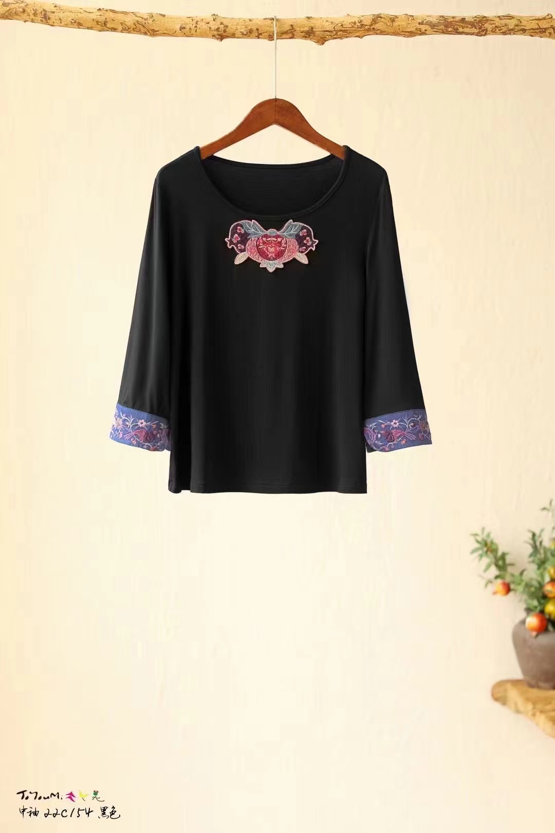 【小鹿】楚馨夏装新款弹力棉t恤女国风透气舒适上衣品牌特惠吸粉