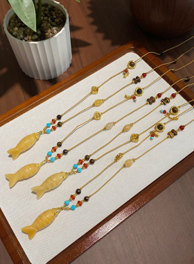 新中式多宝编绳项链女红玛瑙小鱼黄玉松果天河石弯管锁骨链毛衣链