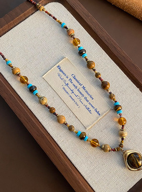 波西米亚复古串珠项链女2025新款虎眼石吊坠民族风锁骨链颈链配饰