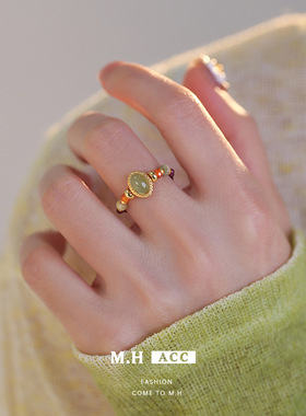 沙弗莱石榴石串珠戒指女新中式复古小众高级感弹力串珠指环食指戒